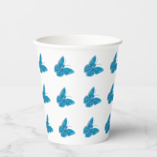 Blue Butterflies Fluttering Illustration Pattern  Paper Cups (Front)