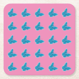 Blue Butterflies Fluttering Illustration Pattern Square Paper Coaster