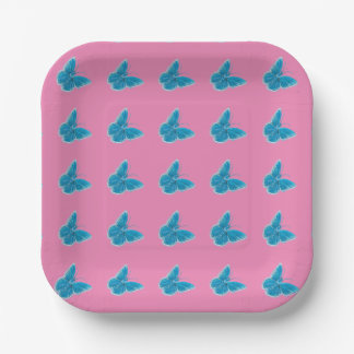 Blue Butterflies Fluttering Pattern Pink   Paper Plate