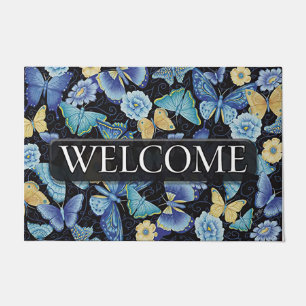 Blue Butterflies Flying Flower Printed  Doormat