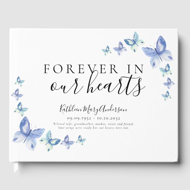 Blue Butterflies | Forever in Our Hearts Funeral Guest Book (Front)