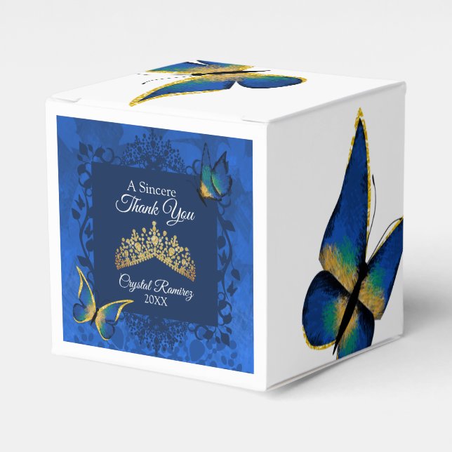 Blue Butterflies, Gold Tiara Quinceanera Favour Bo Box (Front Side)
