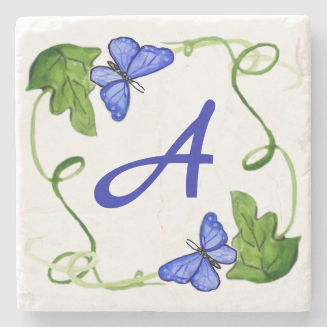 Blue Butterflies Green Leaf Custom Monogram Stone Coaster (Front)