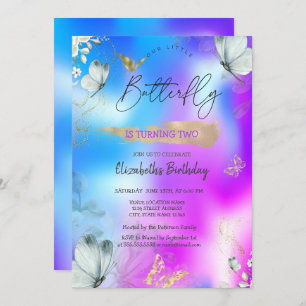Blue Butterflies Holographic Birthday Invitation