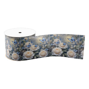 Blue Butterflies in a White Rose Garden Grosgrain Ribbon