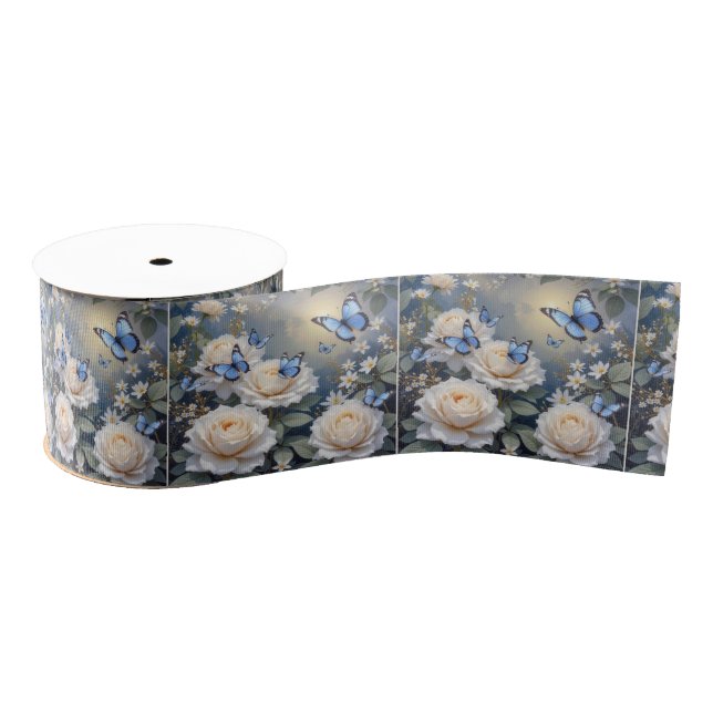 Blue Butterflies in a White Rose Garden Grosgrain Ribbon (Spool)