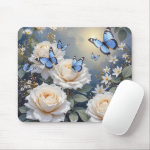Blue Butterflies in a White Rose Garden Mouse Mat