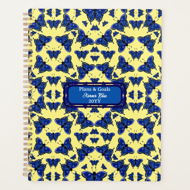 Blue Butterflies in Fun Playful Pattern on Yelow Planner (Front)