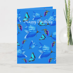Blue Butterflies, Kingfishers, And Bell Flowers, Card