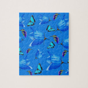 Blue Butterflies, Kingfishers, And Bell Flowers, Jigsaw Puzzle