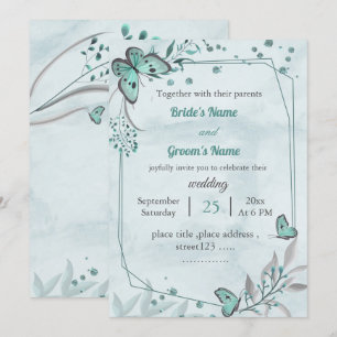 blue butterflies leaves floral geometric wedding invitation