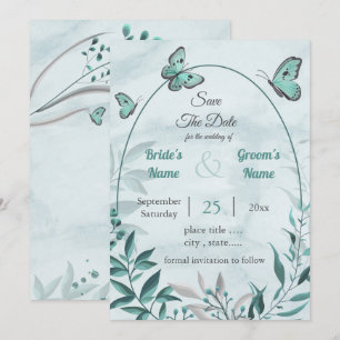 blue butterflies leaves floral save the date invitation