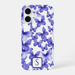 Blue Butterflies Modern Elegant Custom Monogram iPhone 16 Case