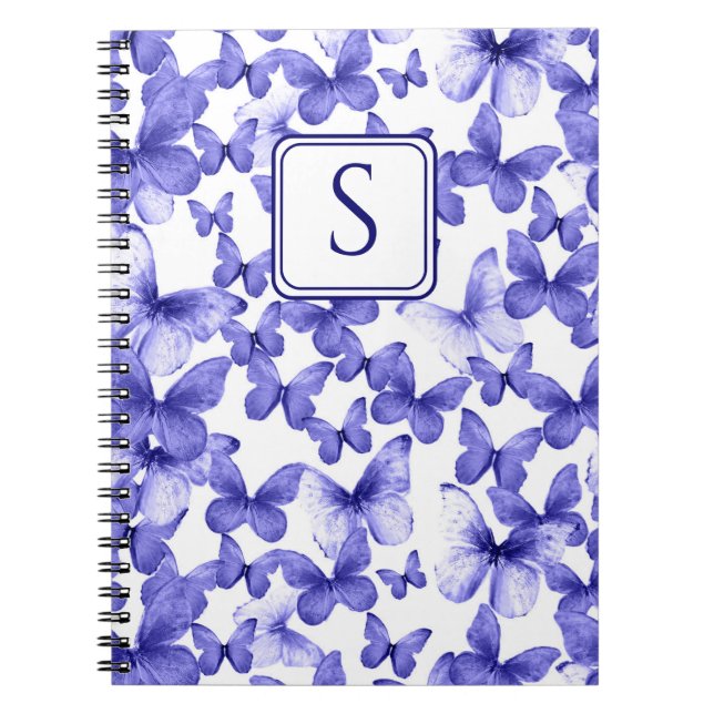 Blue Butterflies Modern Elegant Custom Monogram Notebook (Front)