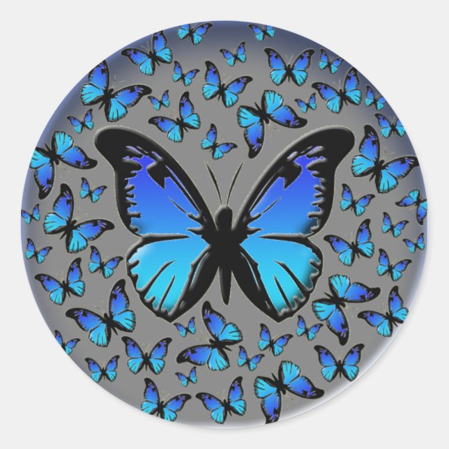 blue butterflies on a silver background classic round sticker (Front)