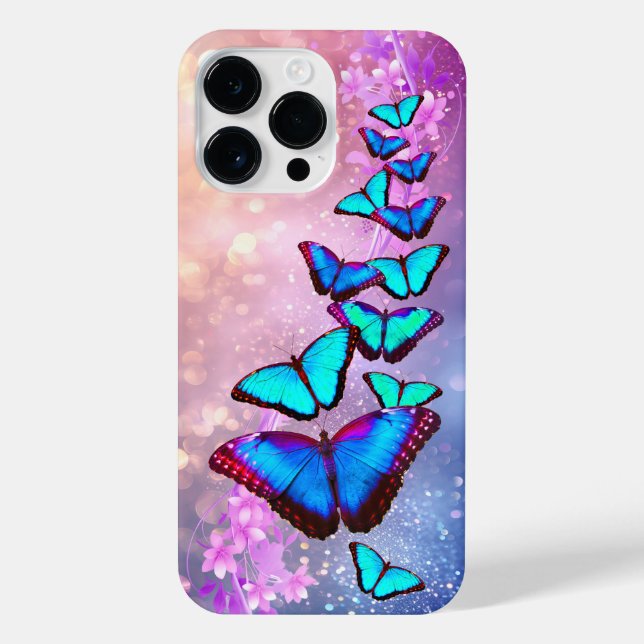 Blue Butterflies on Pink and lavander flowers iPhone Case (Back)