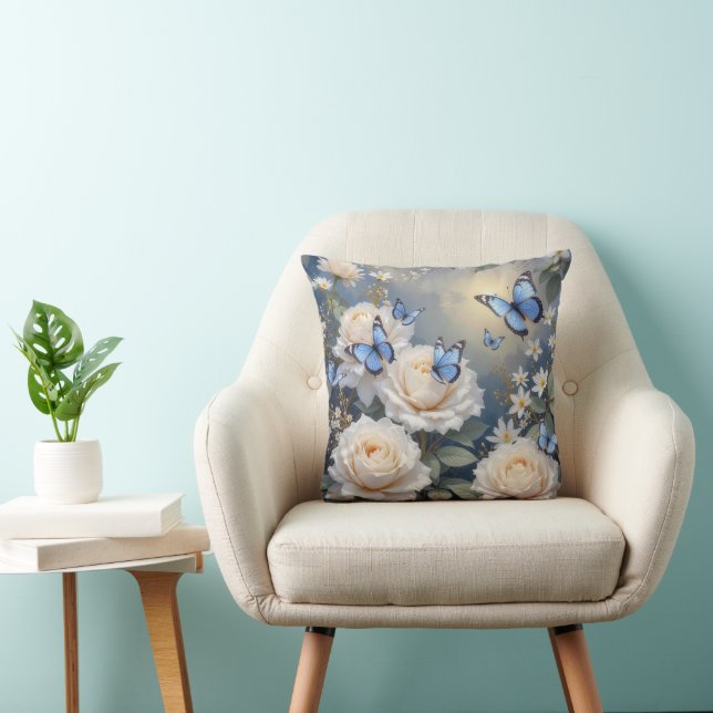 Blue Butterflies On White Roses and Daisies Cushion (Chair)