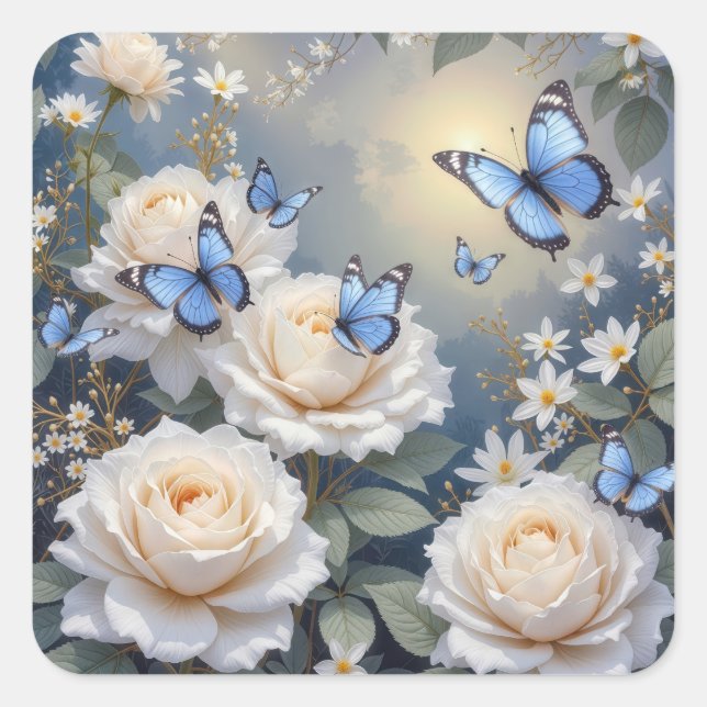 Blue Butterflies On White Roses and Daisies Square Sticker (Front)