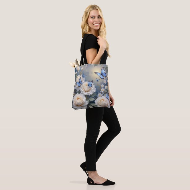 Blue Butterflies On White Roses and Daisies Tote Bag (On Model)