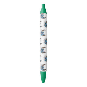 Blue butterflies on wooden crescent black ink pen