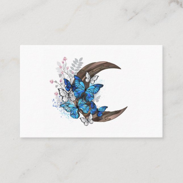 Blue butterflies on wooden crescent business card (Front)