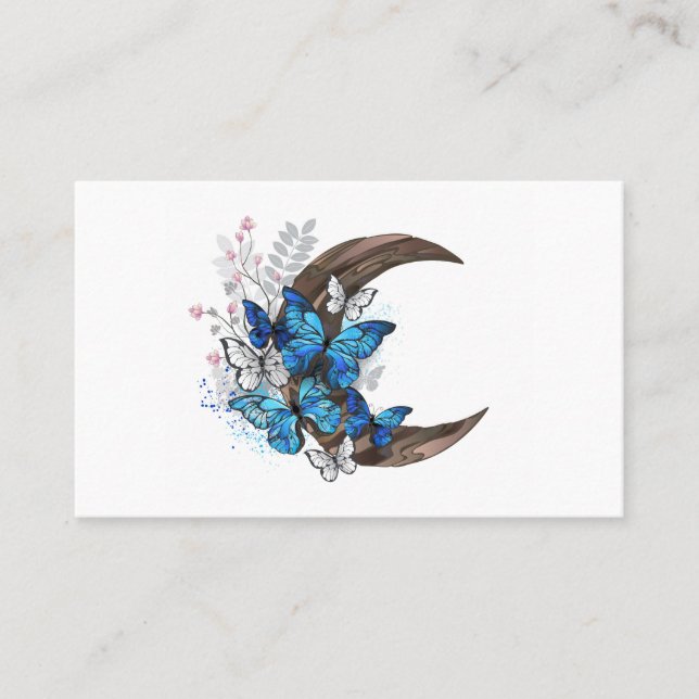 Blue butterflies on wooden crescent business card (Front)