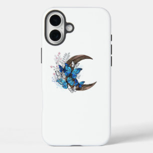 Blue butterflies on wooden crescent iPhone 16 plus case