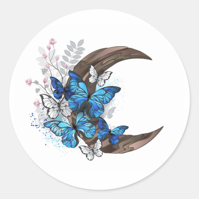 Blue butterflies on wooden crescent classic round sticker (Front)