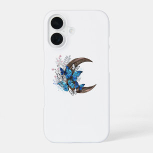Blue butterflies on wooden crescent iPhone 16 case