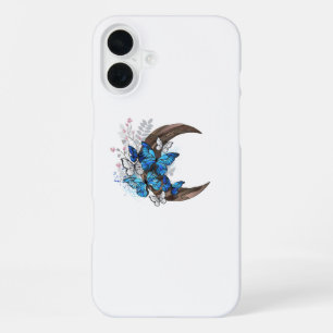 Blue butterflies on wooden crescent iPhone 16 plus case