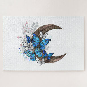Blue butterflies on wooden crescent jigsaw puzzle