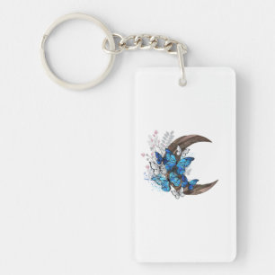 Blue butterflies on wooden crescent key ring