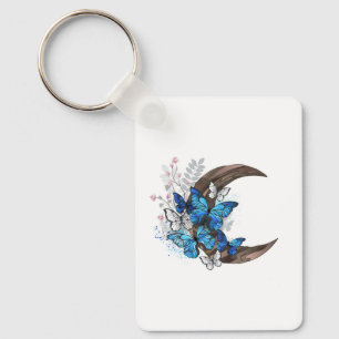 Blue butterflies on wooden crescent key ring