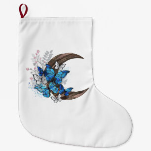 Blue butterflies on wooden crescent large christmas stocking