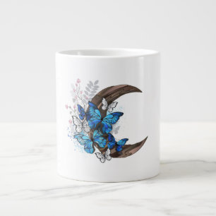Blue butterflies on wooden crescent large coffee mug
