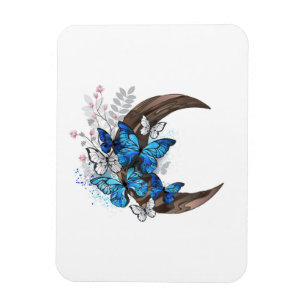 Blue butterflies on wooden crescent magnet