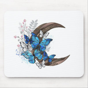 Blue butterflies on wooden crescent mouse mat