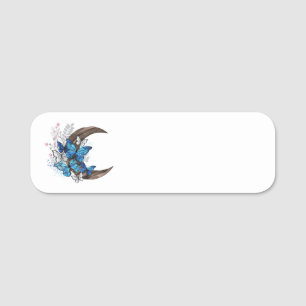Blue butterflies on wooden crescent name tag