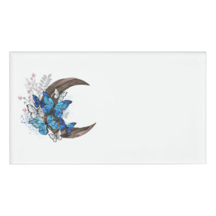 Blue butterflies on wooden crescent name tag