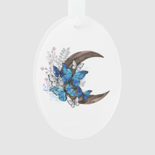 Blue butterflies on wooden crescent ornament