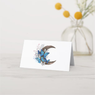 Blue butterflies on wooden crescent place card