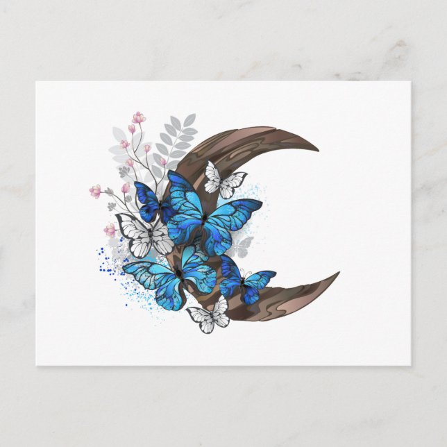 Blue butterflies on wooden crescent postcard (Front)