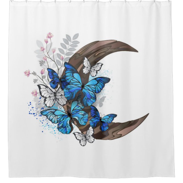 Blue butterflies on wooden crescent shower curtain (Front)
