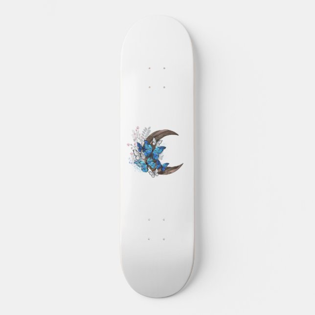 Blue butterflies on wooden crescent skateboard (Front)
