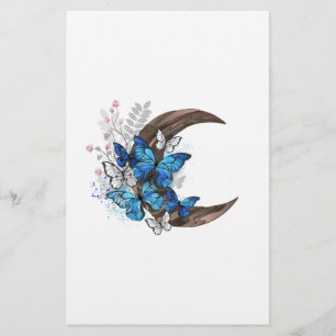 Blue butterflies on wooden crescent stationery