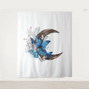 Blue butterflies on wooden crescent tapestry