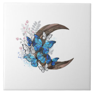 Blue butterflies on wooden crescent tile