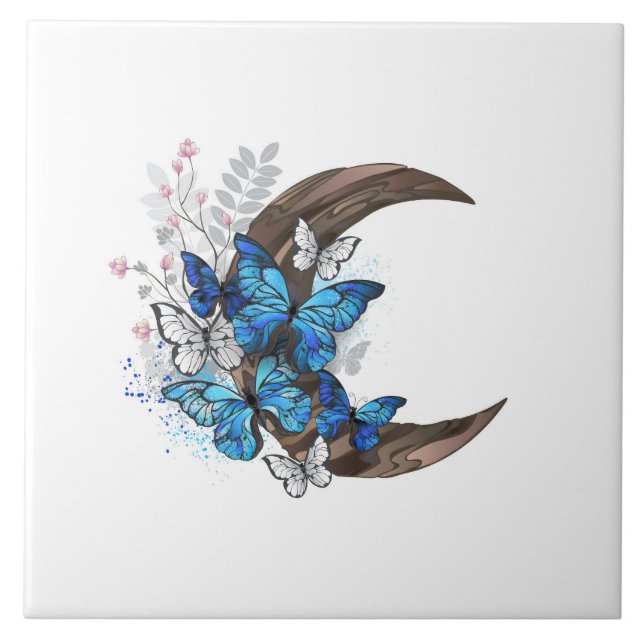 Blue butterflies on wooden crescent tile (Front)