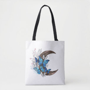 Blue butterflies on wooden crescent tote bag