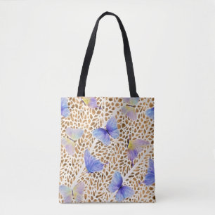 Blue Butterflies Organic Brown Animal Pattern Tote Bag